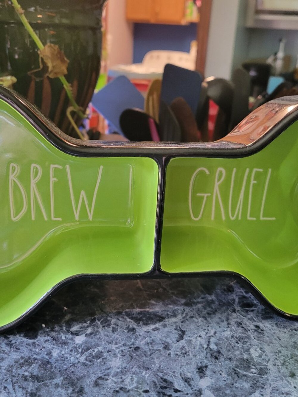 Rae Dunn Brew & Gruel Pet Bowl Ceramic Halloween 10" Dog Bone Black & Green NEW